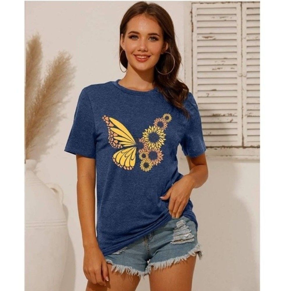 Women’s Fall Hello Sunshine butterfly Shirt Daisy Heart Shirts Casual Tee M. - Picture 4 of 7